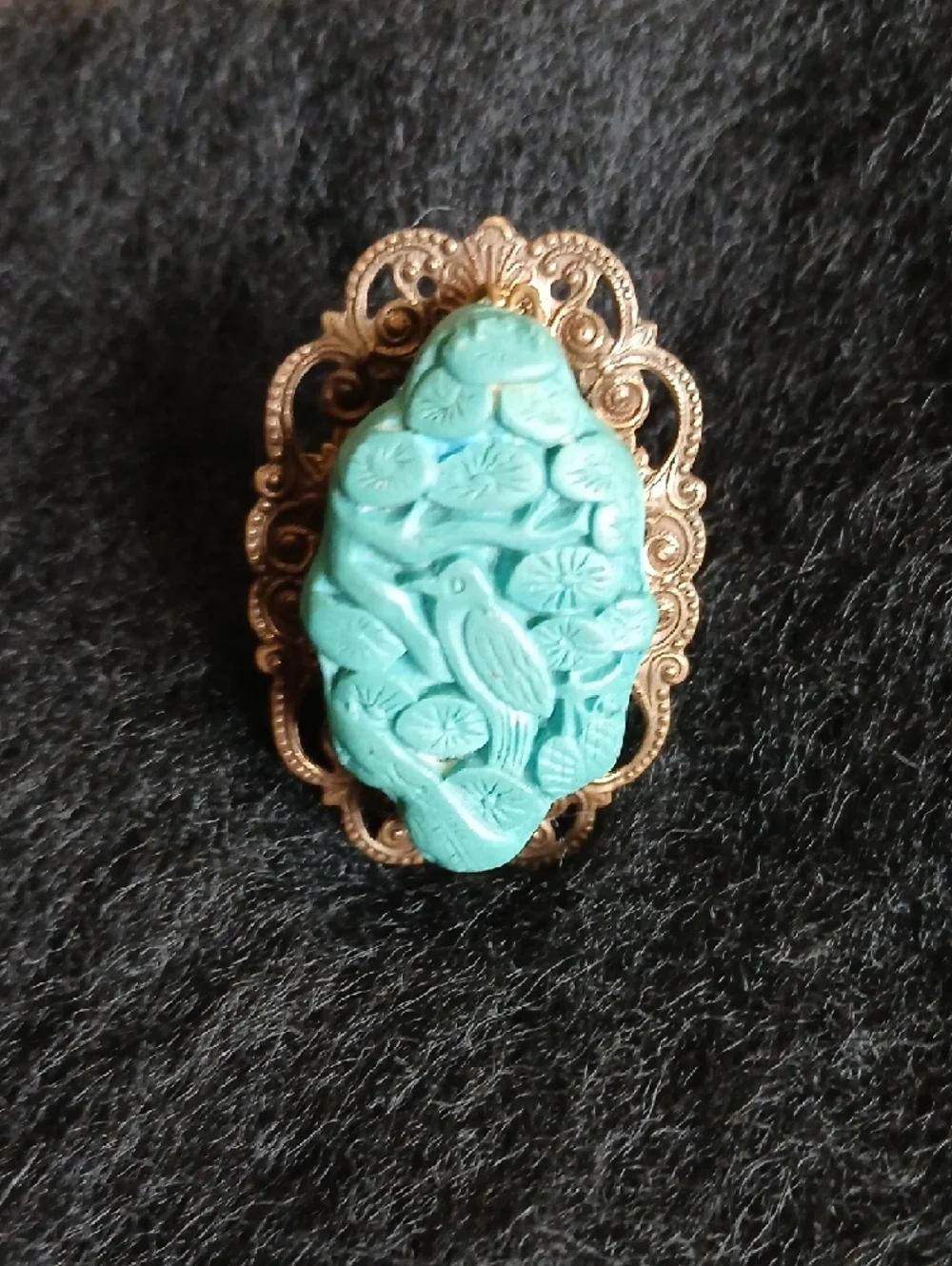 Jan Michaels Of San Francisco‎ Faux Turquoise Carved Bird Cameo Lace Bronze Ring